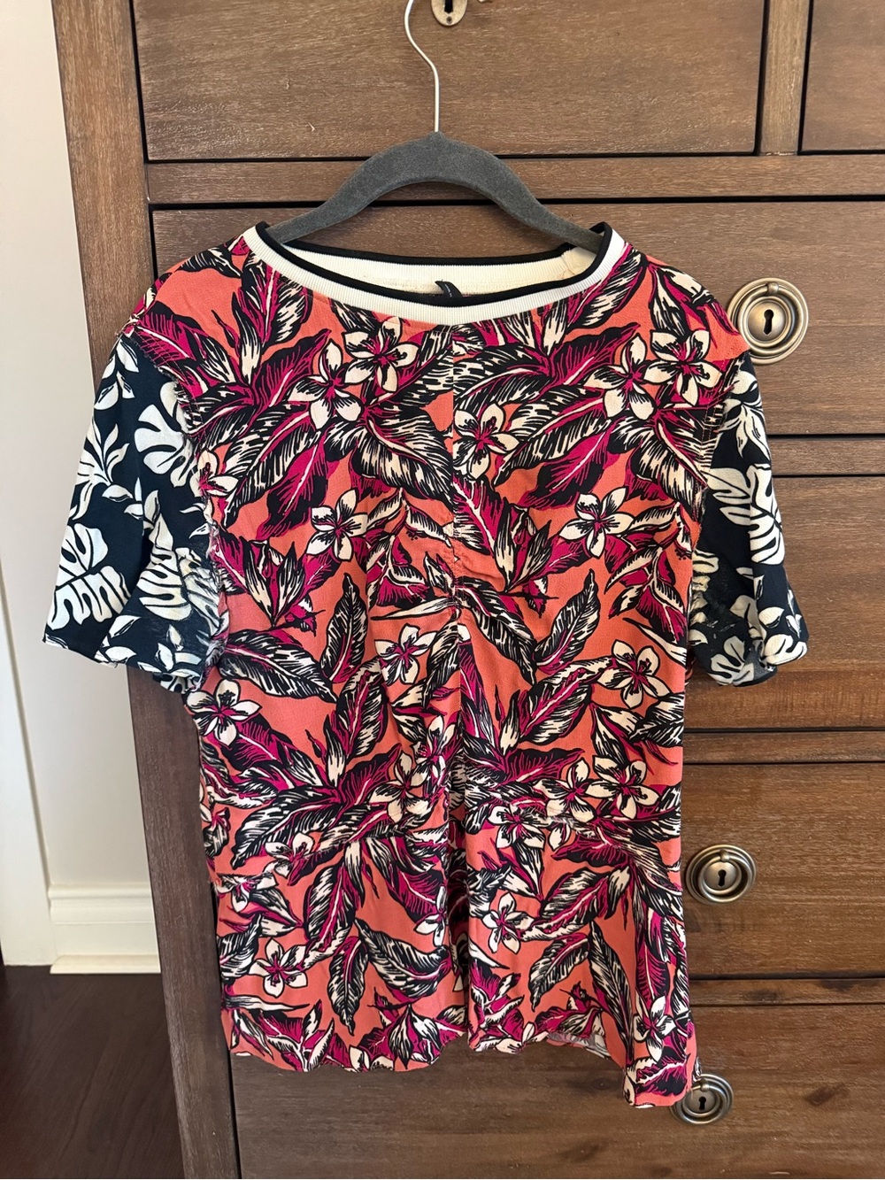 Zara Coral and Navy Tropical Print Short-Sleeve Top